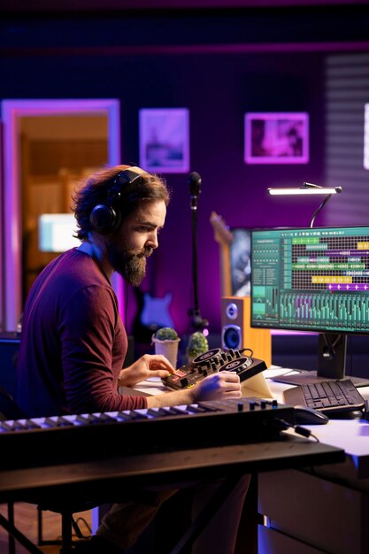 Ingeniero de sonido editando grabaciones de audio con software daw y consola de mezcla
