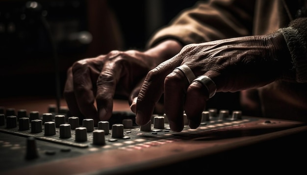 Ingeniero de sonido experto que ajusta el mezclador para el rendimiento generado por IA