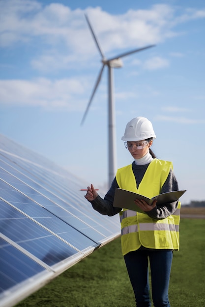 Ingeniero de tiro medio revisando paneles solares