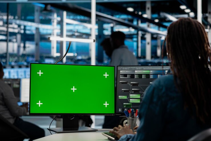 Foto gratuito ingeniero trabajando en una pc de escritorio de pantalla aislada en un centro de datos