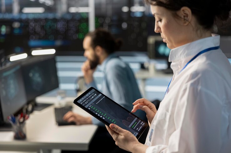 Foto gratuito ingeniero usando tableta en el centro de datos administrando servidores ejecutando scripts en primer plano