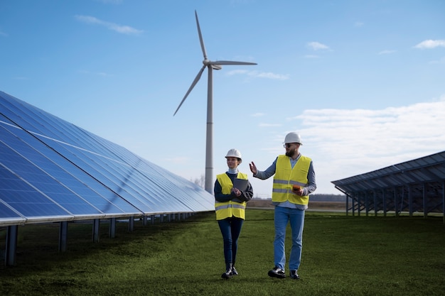 Foto gratuita ingenieros ambientales de tiro completo trabajando juntos