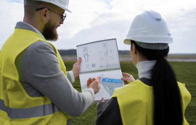 Foto gratuita ingenieros discutiendo plan alto ángulo