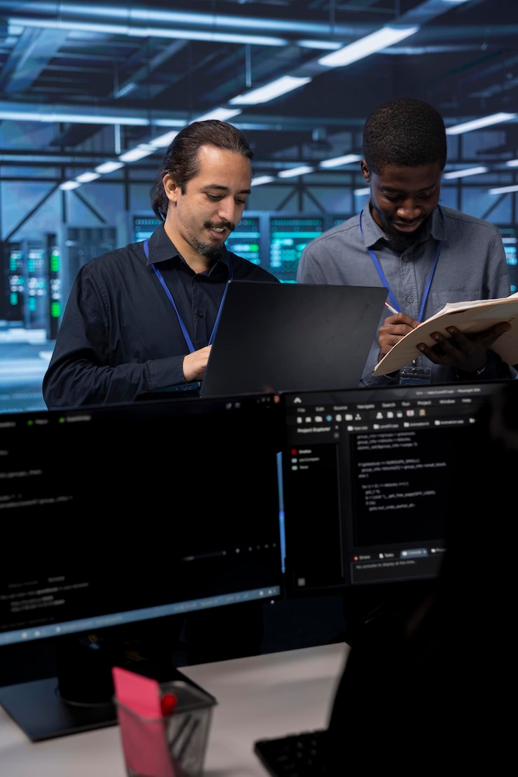 Foto gratuito ingenieros felices comprobando señales de fallo inminente en el centro de datos