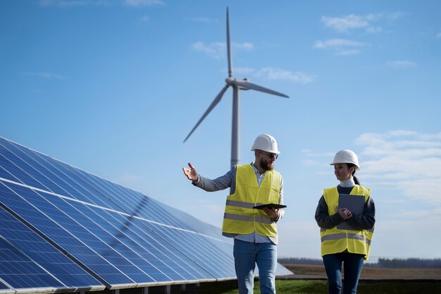 Ingenieros hablando de paneles solares plano medio