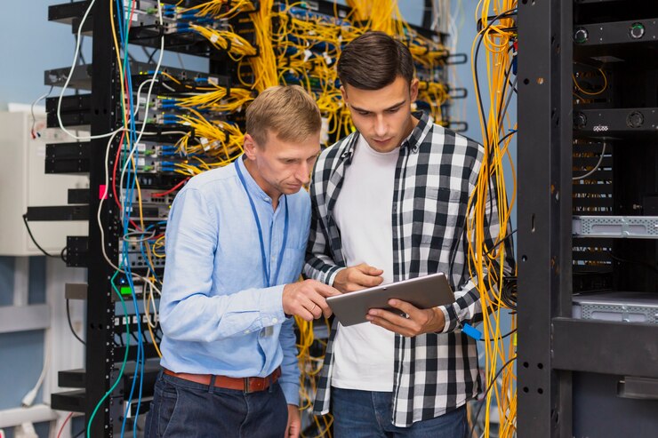 Foto gratuito ingenieros de redes con una tableta de tiro medio