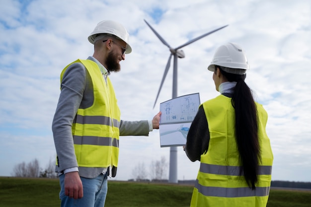 Ingenieros de tiro medio discutiendo el plan ambiental.