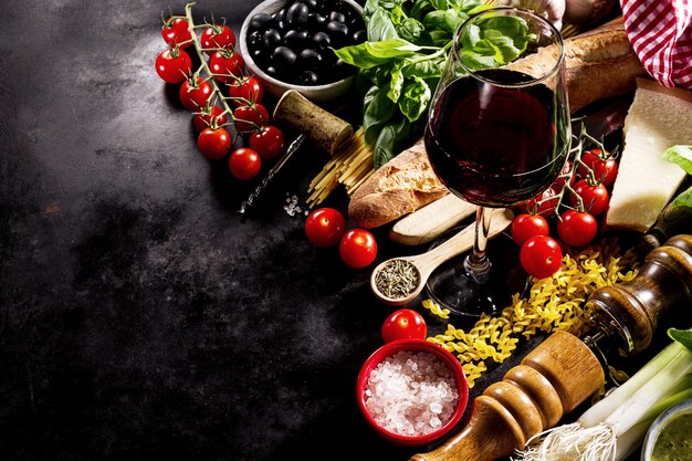 Ingredientes italianos apetitosos frescos sabrosos de la comida en fondo oscuro.