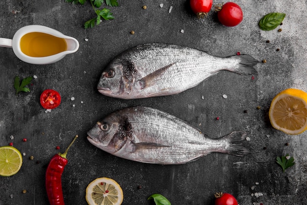 Foto gratuita ingredientes y pescado de vista superior