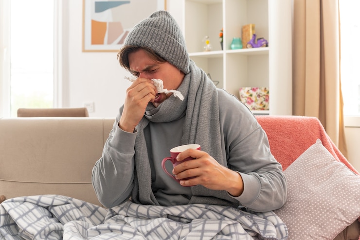 Foto gratuito insatisfecho joven enfermo con bufanda alrededor del cuello con gorro de invierno se limpia la nariz con un pañuelo y sostiene la taza sentado en el sofá en la sala de estar