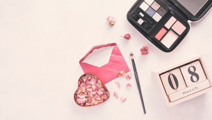 Foto gratuito inscripción del 8 de marzo con pétalos de rosa, sobre y sombras de ojos.