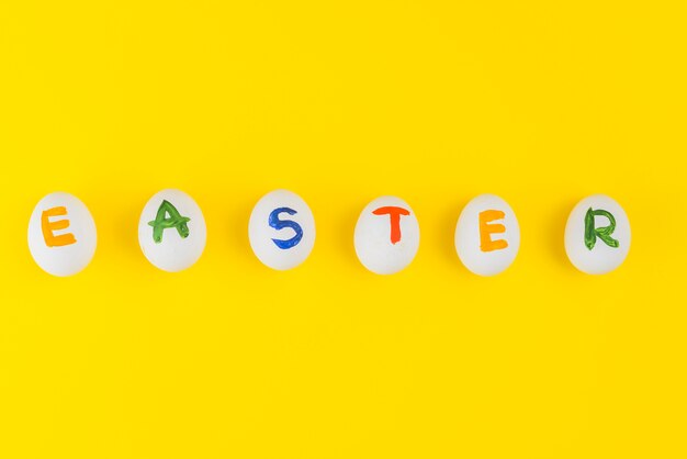 Inscripción de Pascua en huevos blancos en mesa amarilla