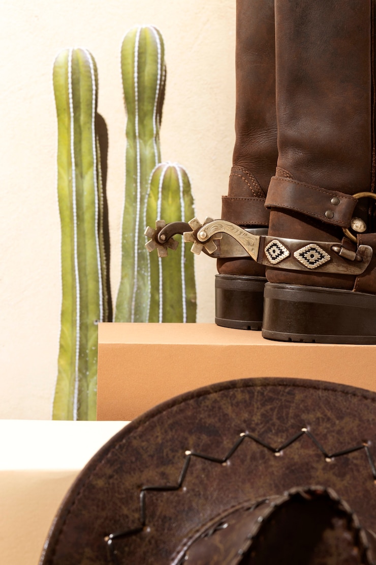 Foto gratuito inspiración vaquera con botas y cactus