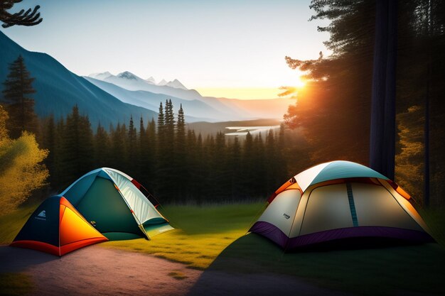 Se instala una carpa frente a una montaña con una puesta de sol de fondo.