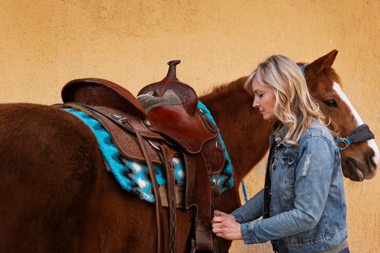 Foto gratuito instructora ecuestre femenina con caballo