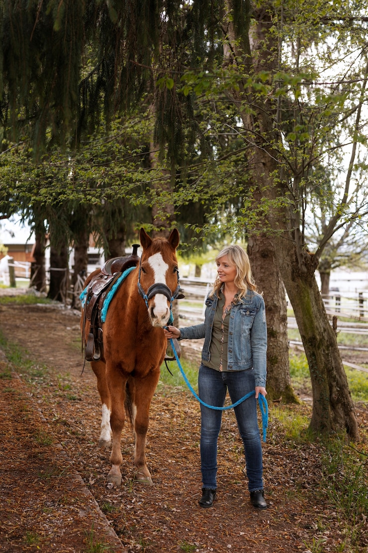 Foto gratuito instructora ecuestre femenina con caballo