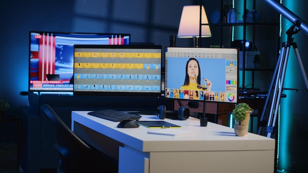 Interfaz de software de procesamiento de fotos en pantallas de computadora en el estudio de la agencia creativa