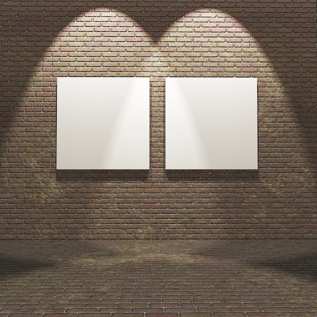 Interior 3D con lienzos en blanco en una pared de ladrillo