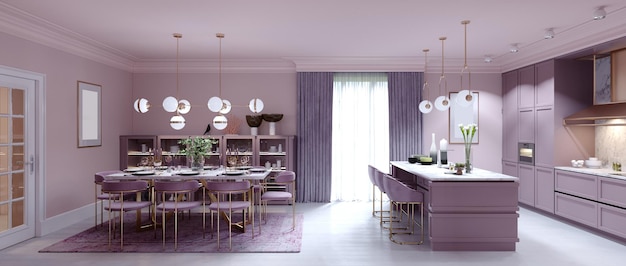 Interior de cocina de moda con comedor en color lila. representación 3d.