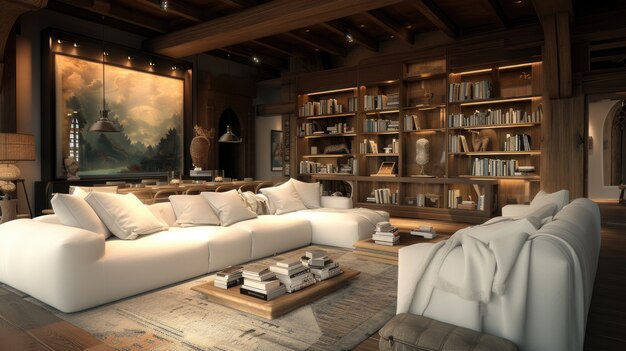 Interior fotorrealista de una casa de madera con decoración y muebles de madera