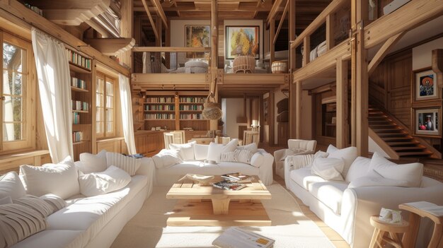 Interior fotorrealista de una casa de madera con decoración y muebles de madera