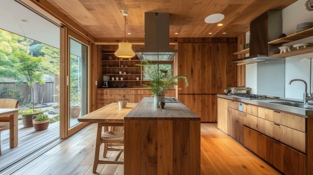 Interior fotorrealista de una casa de madera con decoración y muebles de madera