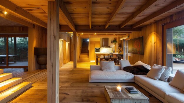 Interior fotorrealista de una casa de madera con decoración y muebles de madera