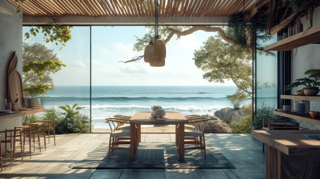 Interior fotorrealista de una casa de madera con decoración y muebles de madera