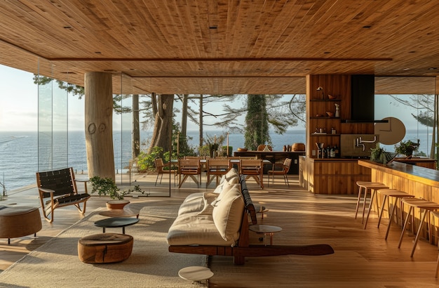 Foto gratuita interior fotorrealista de una casa de madera con decoración y muebles de madera