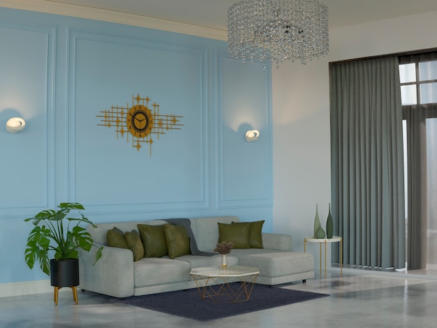 Interior de habitación 3d con diseño y muebles clásicos.