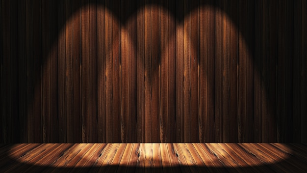Interior de madera de grunge 3D con focos brillando hacia abajo