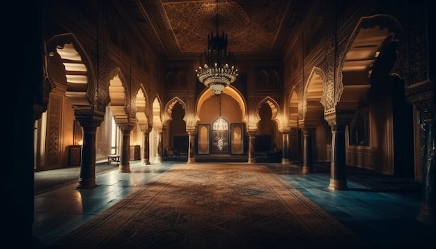 El interior de una mezquita con una gran alfombra y un gran candelabro colgando del techo.