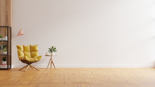 Interior minimalista moderno con un sillón amarillo sobre fondo de pared de color blanco vacío. representación 3d
