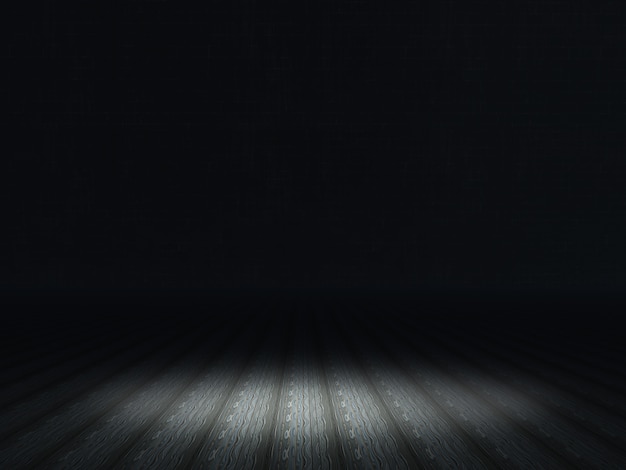 Interior oscuro grunge con reflector que brilla en piso de madera