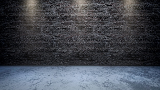 Interior de la sala 3D con pared de ladrillo con focos que brillan hacia abajo