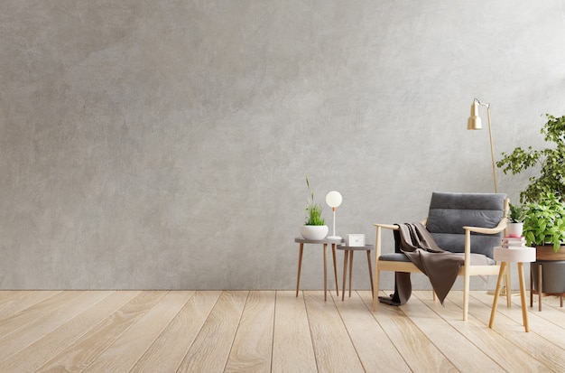 Interior de la sala de estar en el apartamento tipo loft con sillón, muro de hormigón. representación 3d