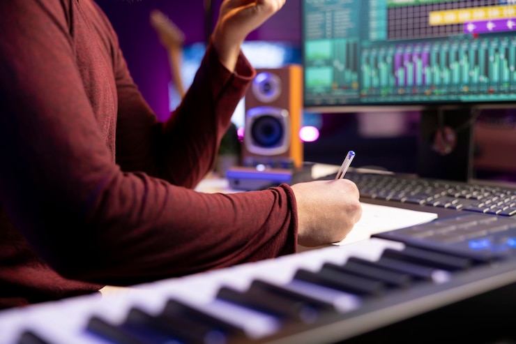Foto gratuito el intérprete escribe versos e ideas para desarrollar una pista original en su estudio casero