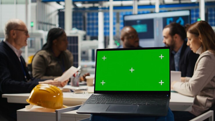 Foto gratuito los inversores en plantas fotovoltaicas analizan las tendencias del mercado en una computadora portátil de pantalla verde