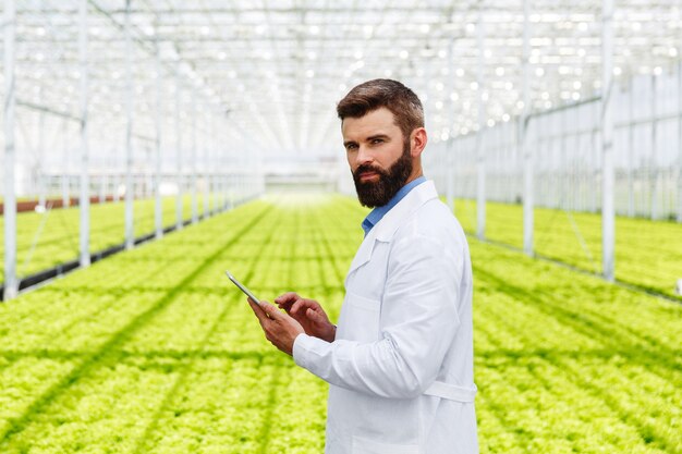 Investigador masculino barbudo estudia plantas con una tableta de pie en el invernadero