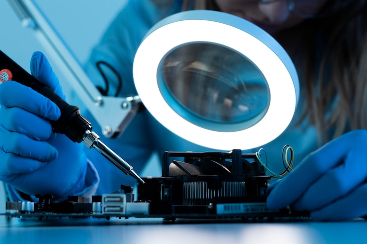 Foto gratuito investigador de primer plano trabajando con una lámpara