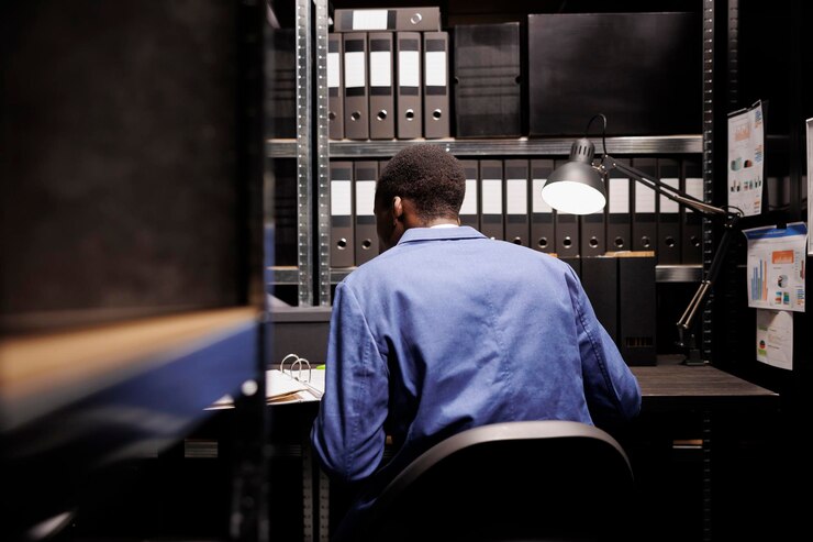 Foto gratuito investigador privado afroamericano revisando el informe de la escena del crimen, analizando la evidencia del caso a altas horas de la noche en la sala de archivos. oficial de policía en traje formal descubre archivos criminales confidenciales