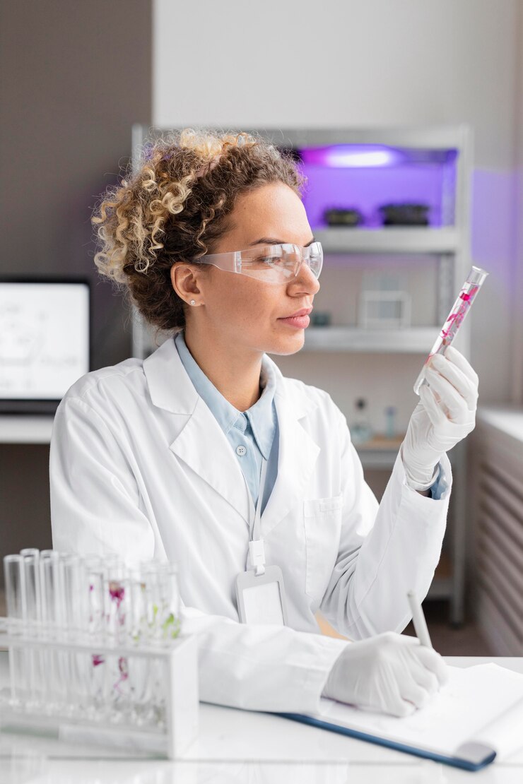 Foto gratuito investigadora en el laboratorio con tubos de ensayo