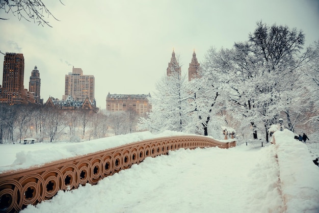 Invierno de Central Park con rascacielos y Bow Bridge en el centro de Manhattan, Nueva York