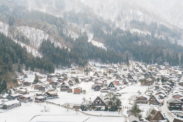 De invierno con nieve que cae Shirakawago, Japón