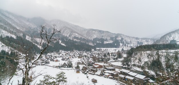 De invierno con nieve que cae Shirakawago, Japón