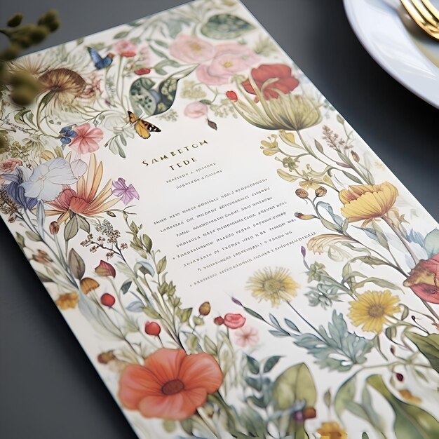 Invitación de boda con patrón floral en la mesa en el restaurante