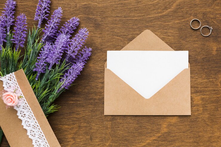 Foto gratuito invitación de boda plana con lavanda en la mesa