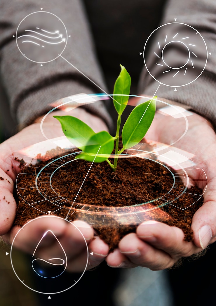 Foto gratuito iot de agricultura inteligente con fondo de árbol de plantación manual