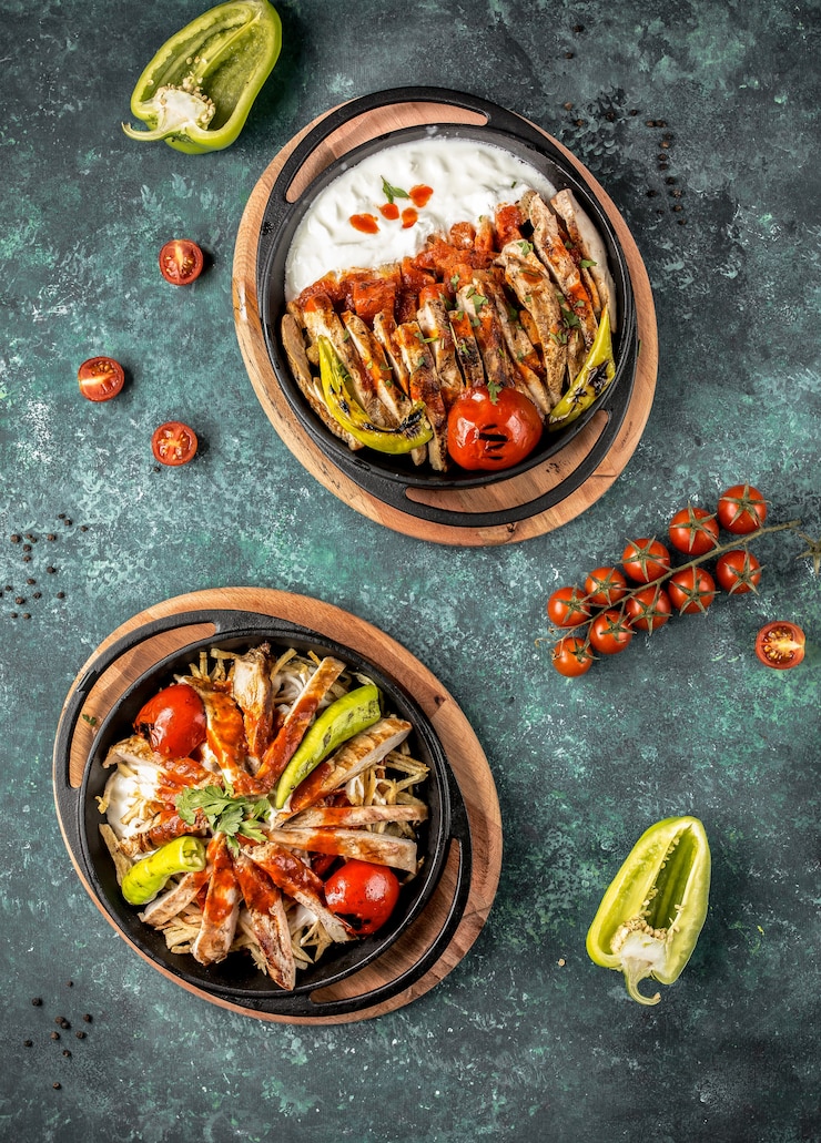 Foto gratuito iskender doner bajo salsa blanca sobre la mesa