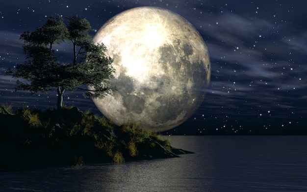 Isla en el mar contra un cielo iluminado por la luna